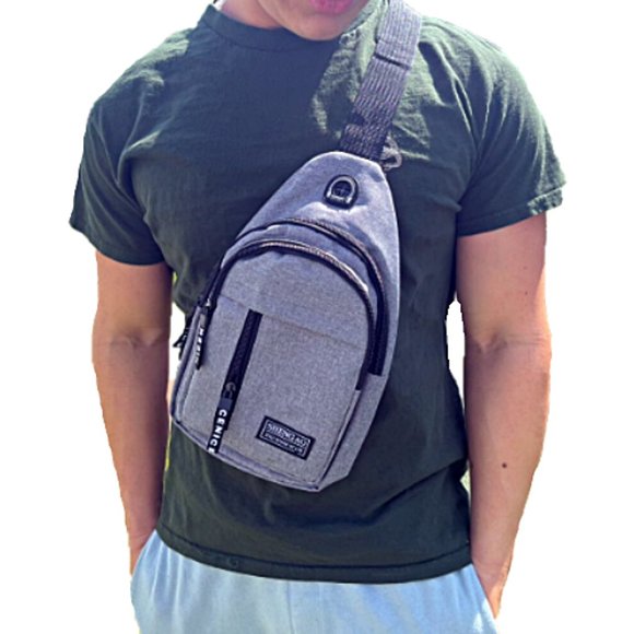 🆕 Mens Grey Canvas Sling Bag, Trendy Crossbody Chest Bag, Unisex Backpack - Picture 1 of 9